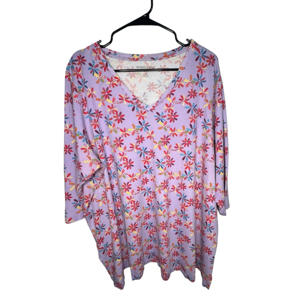 Woman Within Purple Floral Pattern V-Neck Half Sleeve T-Shirt